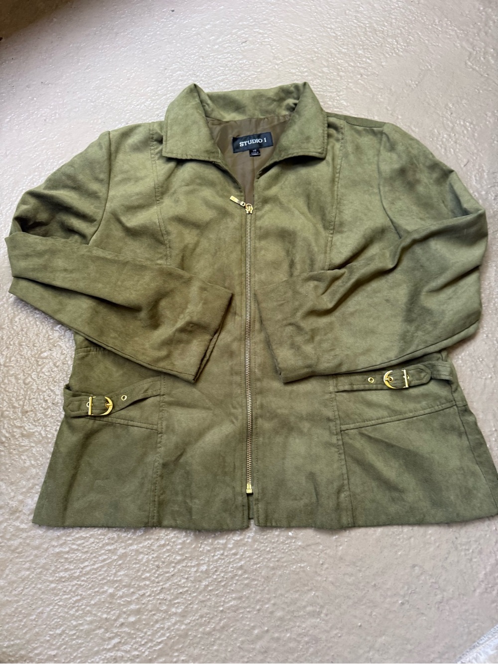 Studio I Olive Green Leather Zip-Front Cardigan with Gold Buckle Details